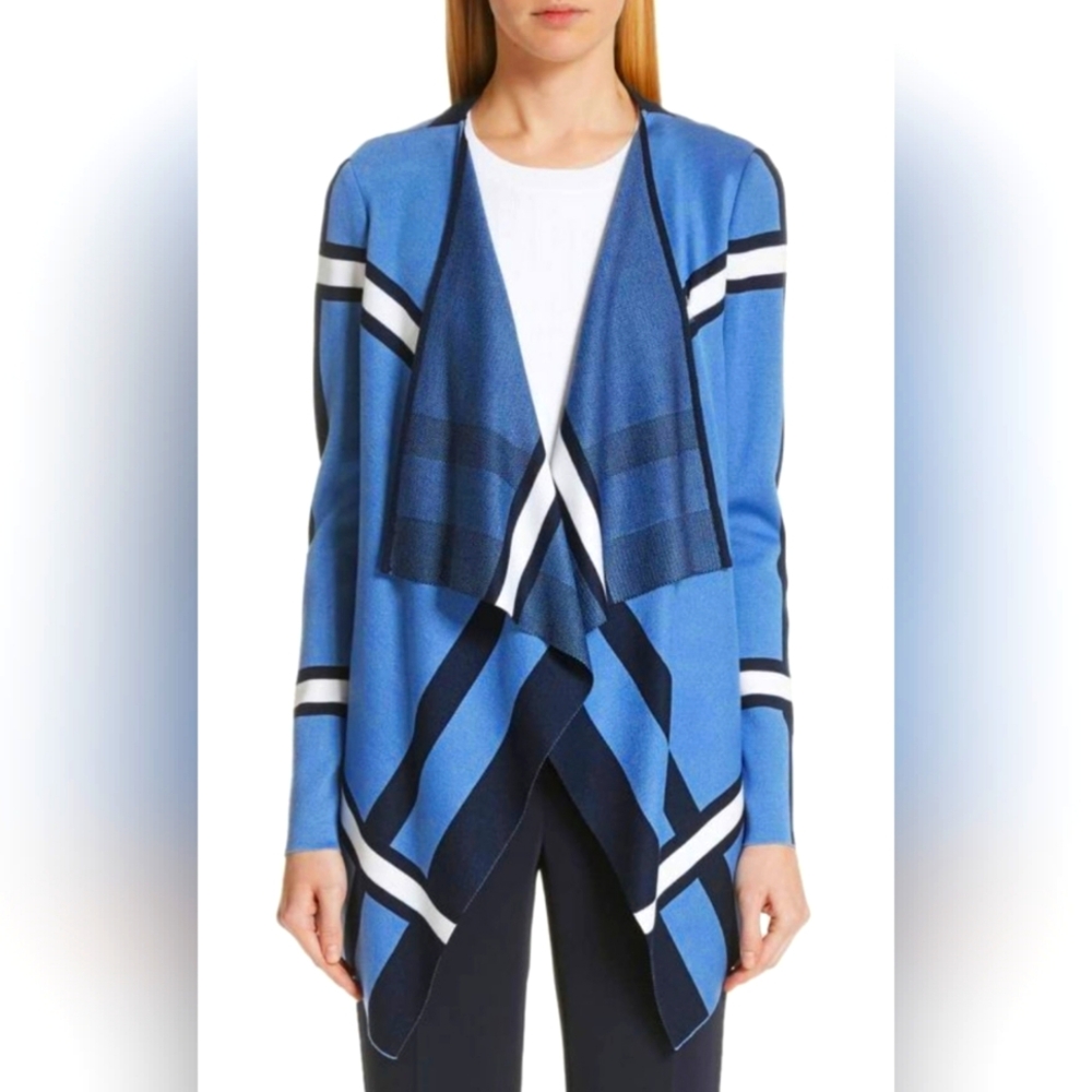 St. John | Variegated Stripe Open Cardigan in blue/white, size L